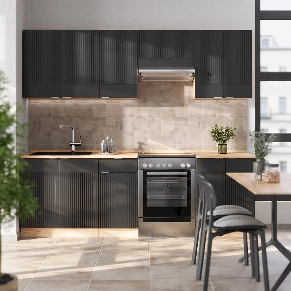 Cucina componibile Fame-Line Nero rigato/Rovere dorato 240 cm, PL Antracite Vicco