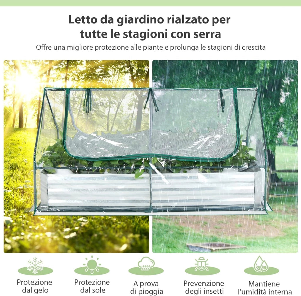 Orto Rialzato Zincato con Serra, Aiuola Senza Fondo con Copertura Trasparente, Fioriere con Finestre Avvolgibili per Giardino e Terrazzo, 180 x 90 x 91 cm