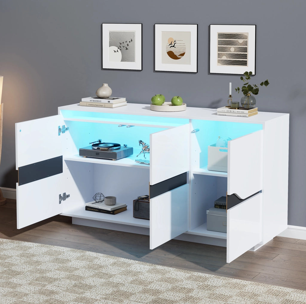 Credenza moderna bianco e nero 140 x 40 x 70 cm con LED e ante regolabili
