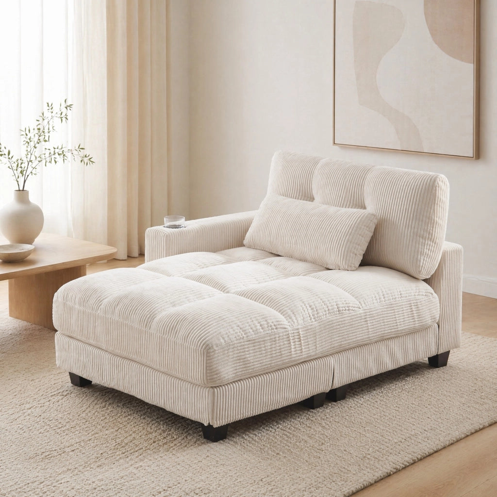 Poltrona relax 140x112x81 cm in tessuto beige con portabicchieri e tasca laterale