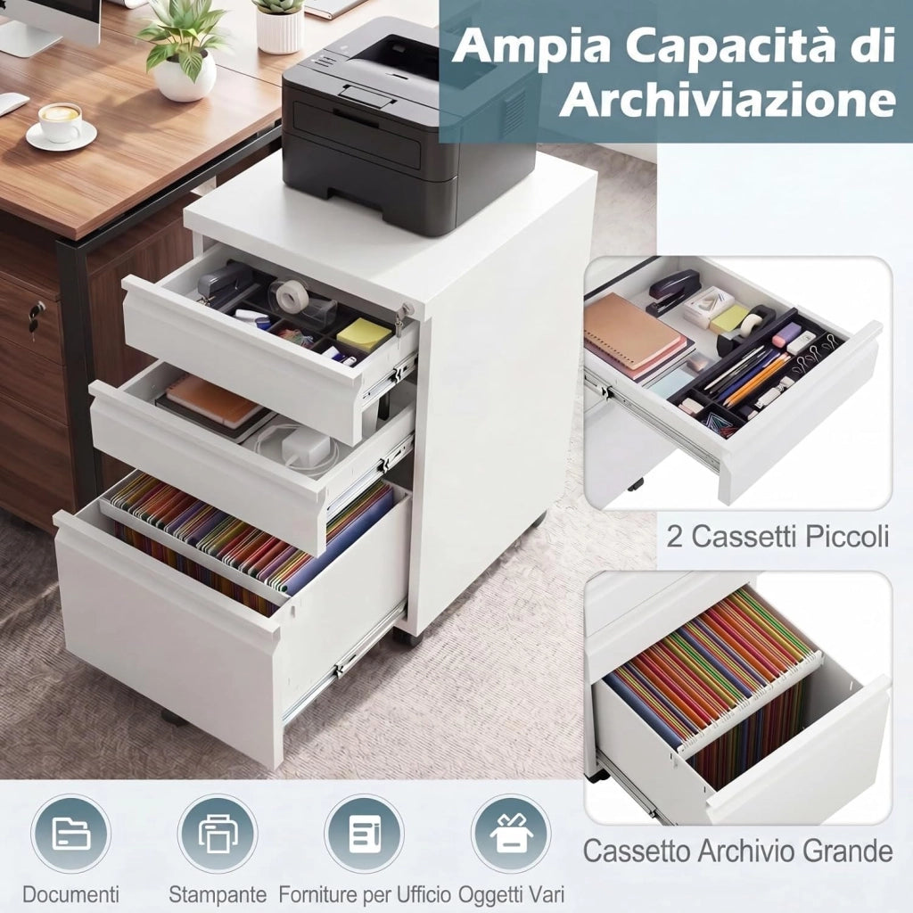 Cassettiera da Ufficio a 3 Cassetti, Mobiletto per Documenti con 5 Ruote e Serratura, Schedario da Ufficio in Acciaio per File Formato A4, Letter e Legal, 37 x 44 x 60,5 cm