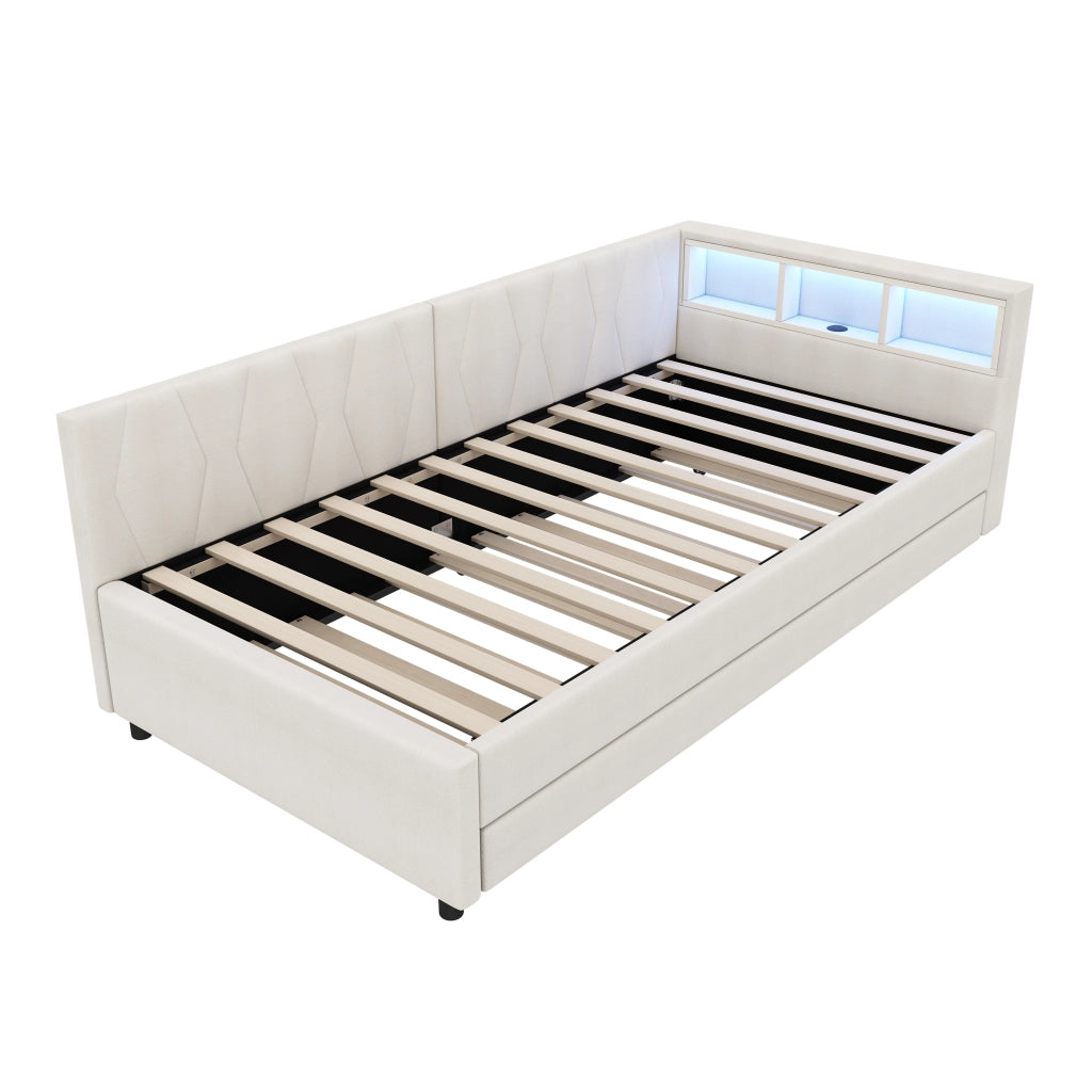 Letto estraibile singolo 90×200 cm con USB Type-C; LED e ripiani; con rete; senza materasso; lino; beige