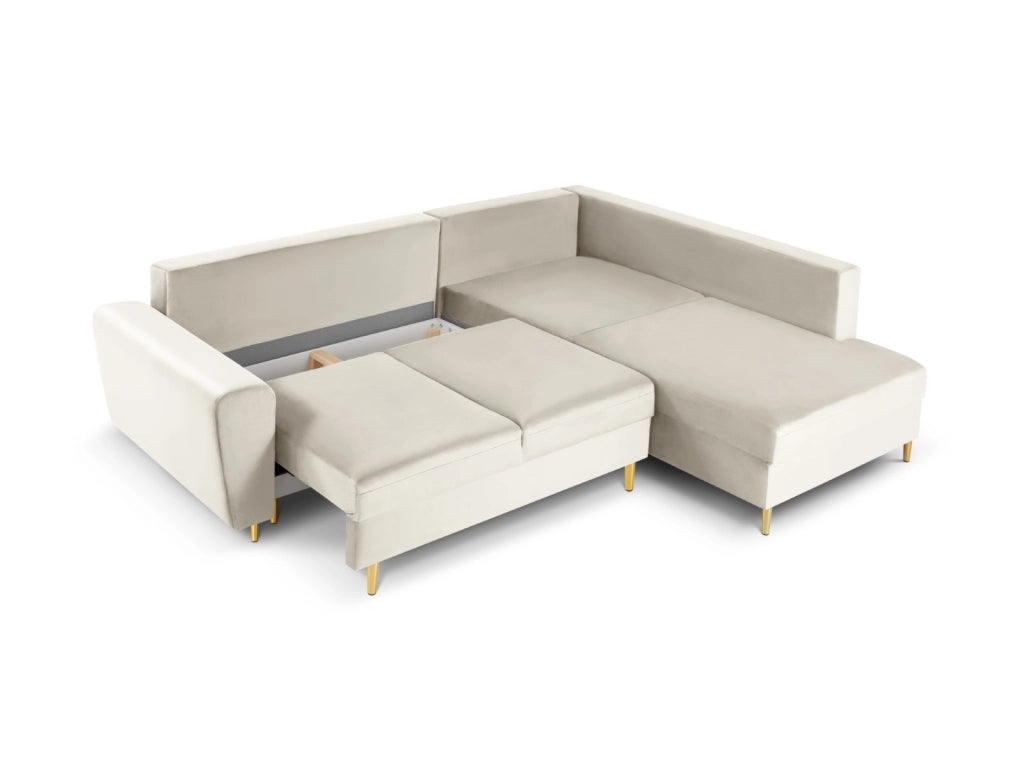 Cosmopolitan Design - Divano convertibile angolare destro con contenitore "Kyoto" 5 posti in velluto beige chiaro 