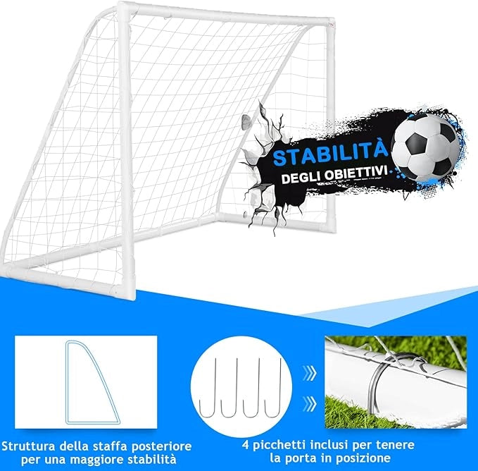 Porto per Calcio per Bambini, Rete da Calcio Resistente alle Intemperie e Telaio in UPVC con Pali di Fissaggio e Coni da Calcio per Allenamenti in Cortile