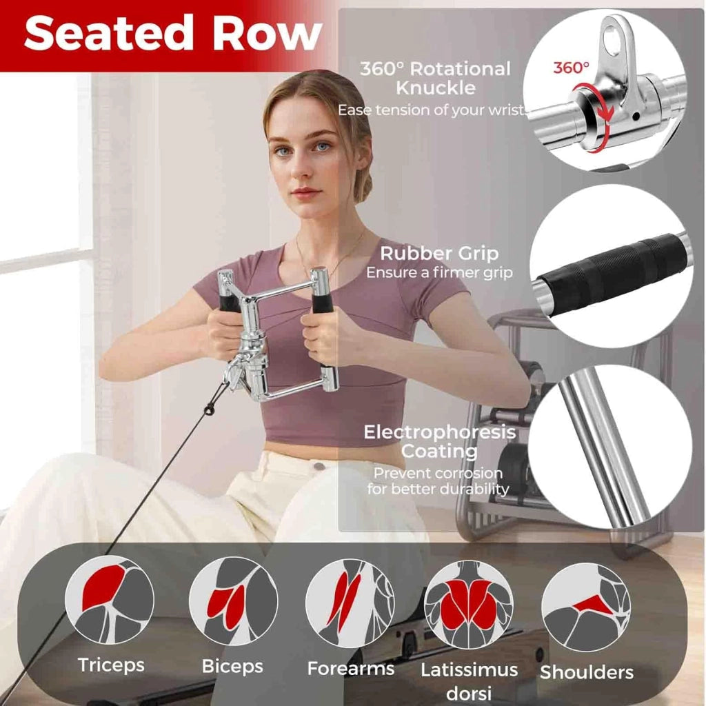 KOMFOTTEU 4 Accessori per Macchina a Cavi, Impugnature Palestra Set Multifunzione con Corda per Tricipiti, Triangolo Pulley per Palestra, Maniglia a V, Barra Tricipiti Dritta, Allenamento in Gym