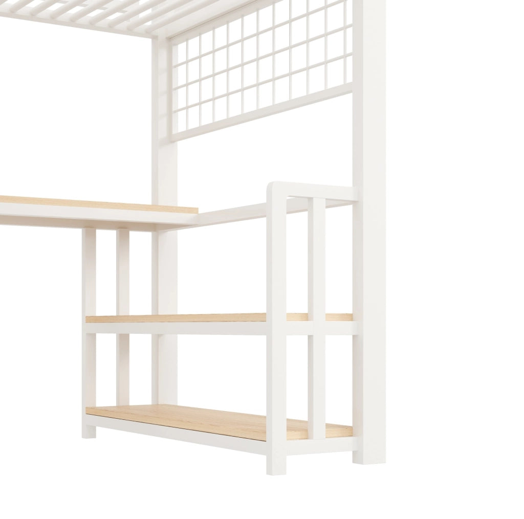 Letto a soppalco ULEVR 90x200 cm con scrivania, LED, ripiano, USB e porta Type-C, metallo e MDF bianco