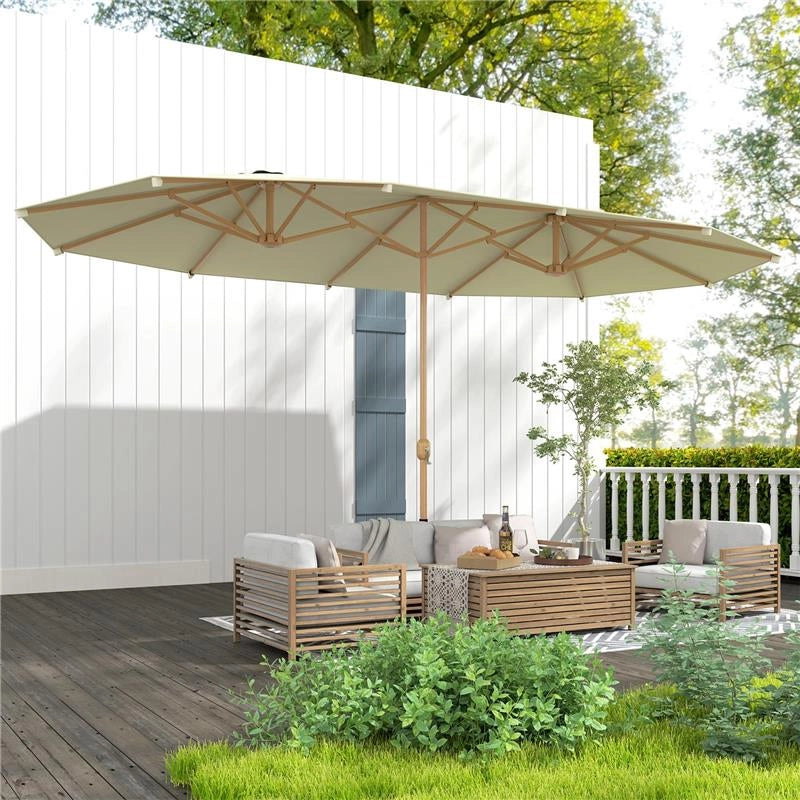 OMBRELLONE DOPPIO CON APERTURA A MANOVELLA IN ACCIAIO INOX E POLIESTERE 455X265X238 CM BEIGE
