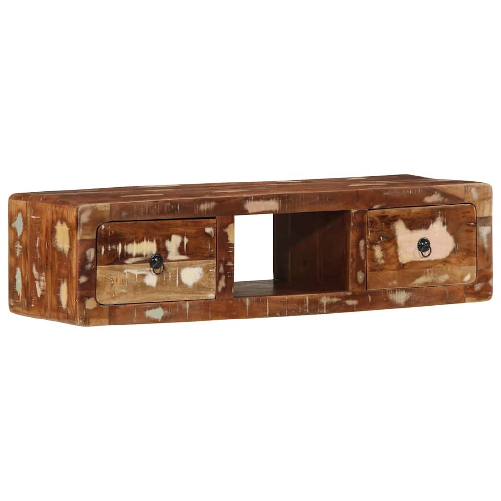 Mobile TV da parete 100 x 32 x 25 cm design salvaspazio con 2 cassetti stile vintage realizzato in legno marrone di recupero 02_0058067