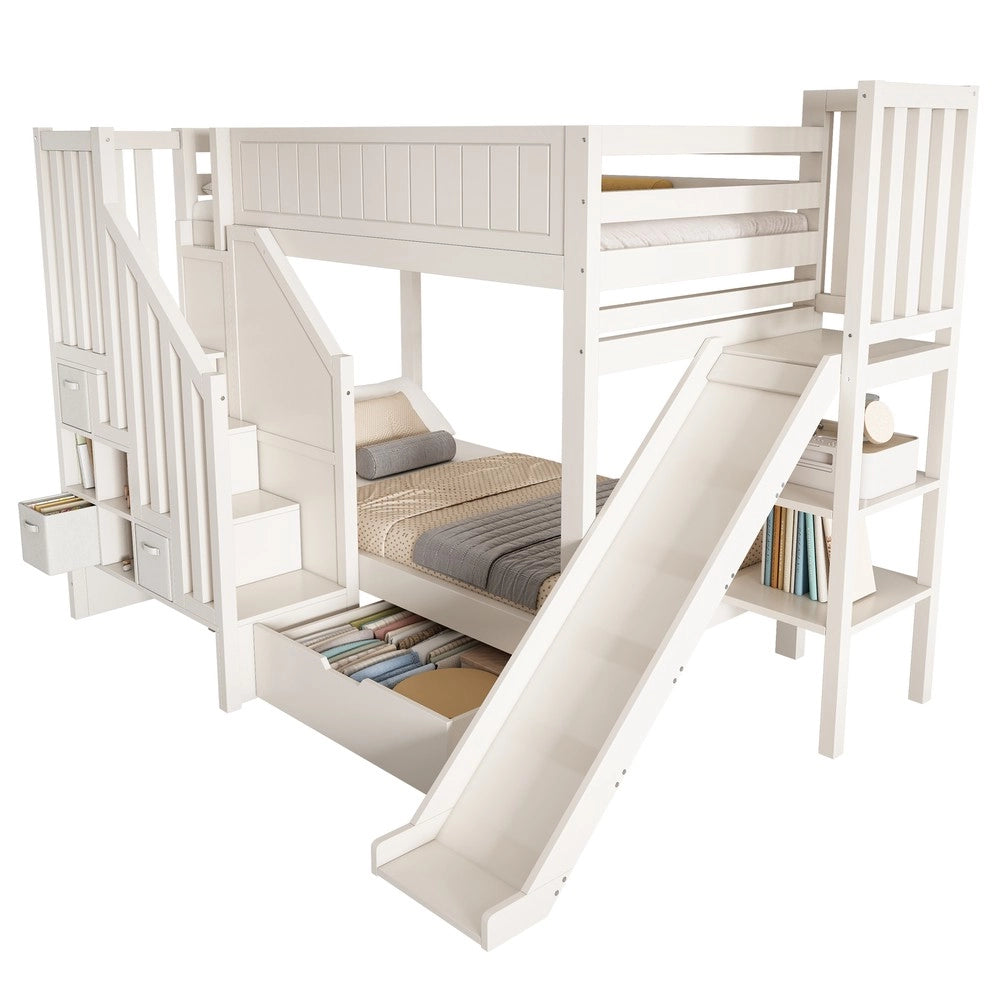 Letto a Castello per Bambini con Scivolo, Cassetti e Scala ¨C Xylo ¨C Bianco 90x200