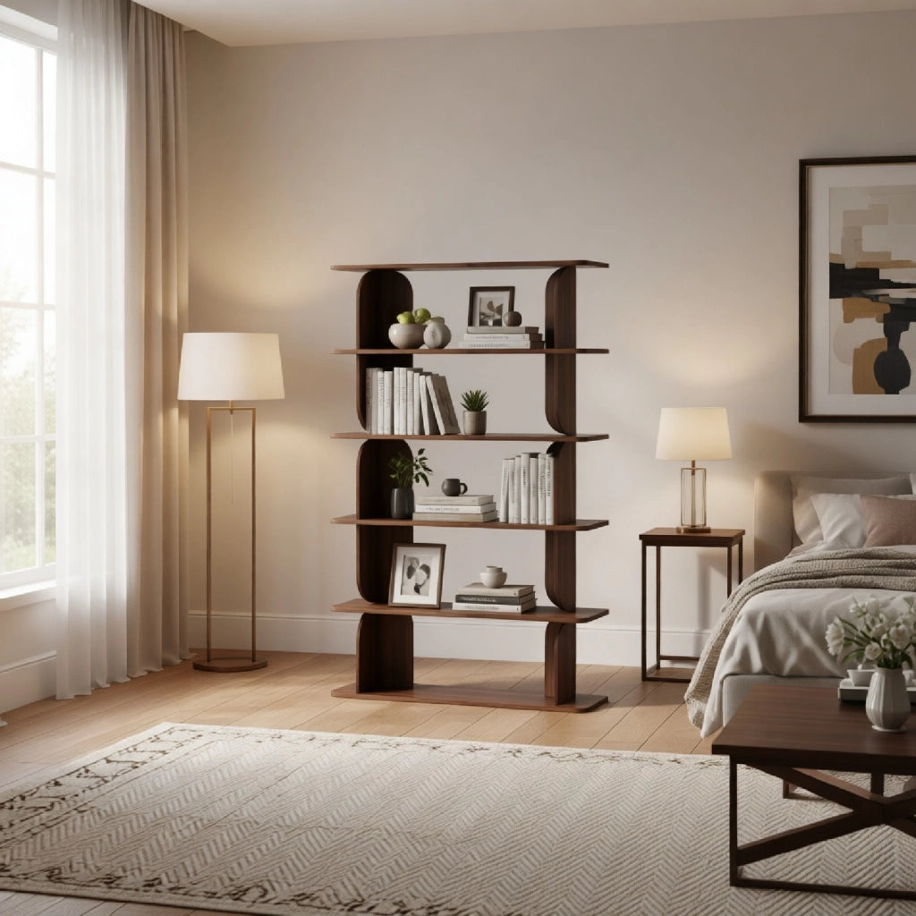 Libreria Contemporanea Con 5 Ripiani A Giorno Design Minimal In Melaminico Per Soggiorno Salotto Studio Corridoio Zona Living E Ufficio 120 X 181.5 X 34 Cm Noce