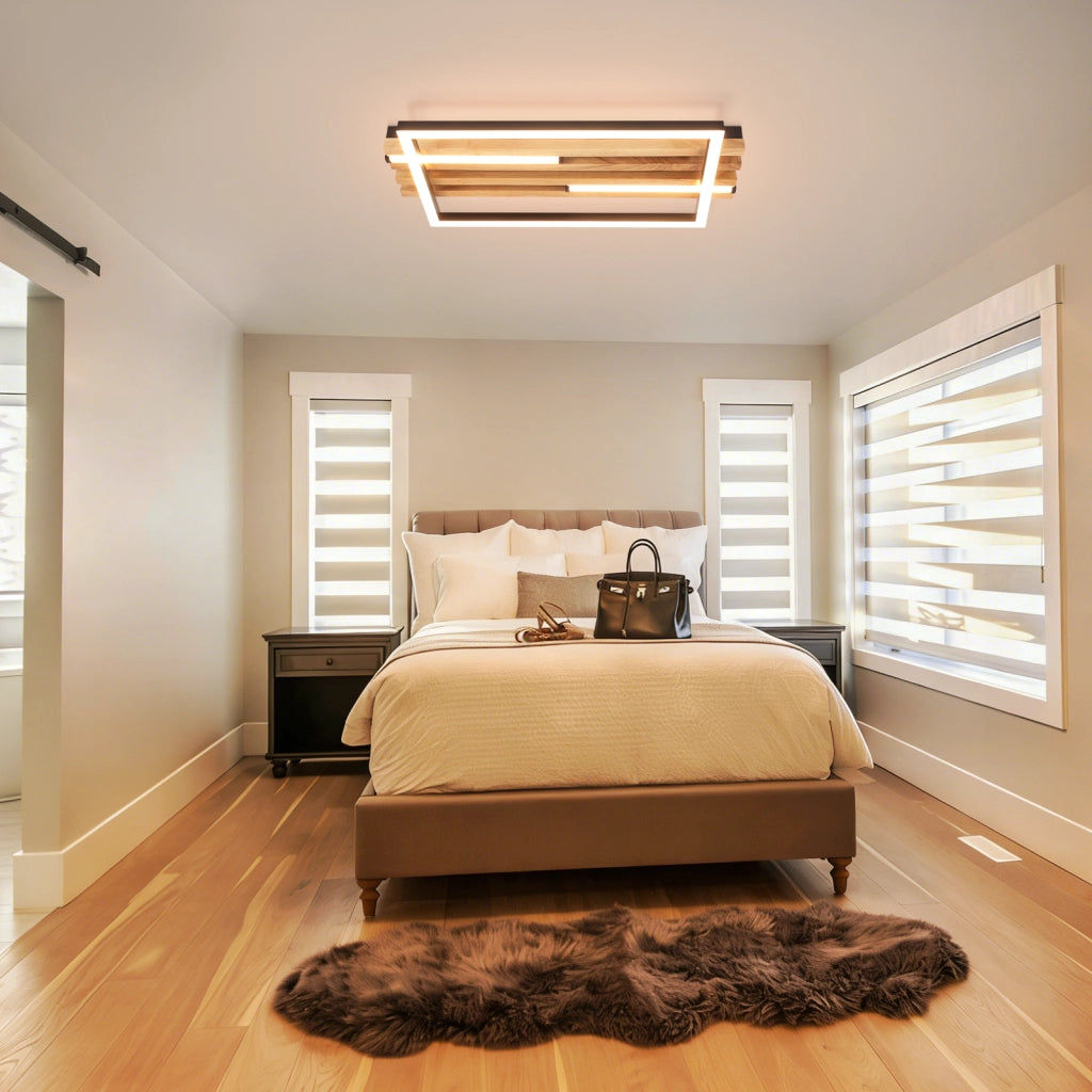 ZMH Lampada da Soffitto LED Legno 24W 38cm Luce Calda Nero Rettangolare Moderna per Camera da Letto Soggiorno