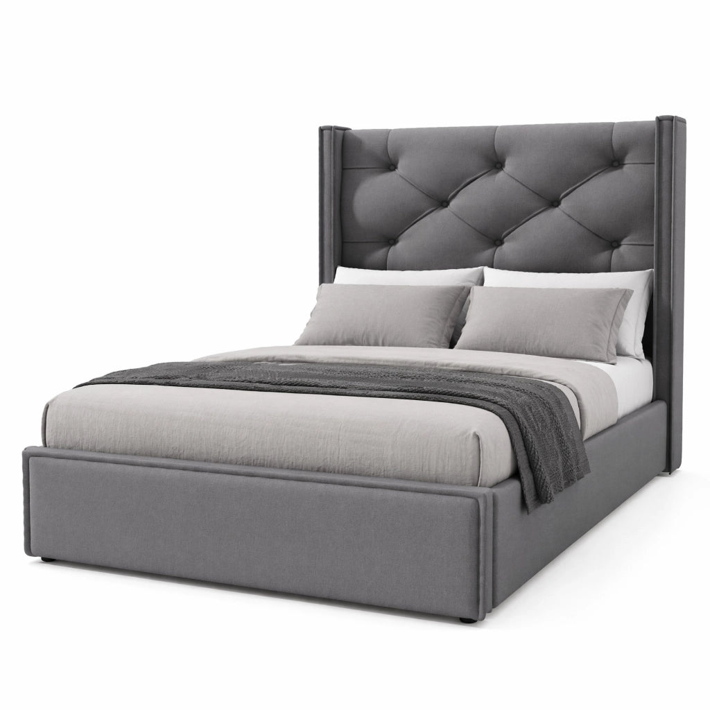 Letto singolo imbottito 90x200 cm con contenitore e rete a doghe; grigio in cotone