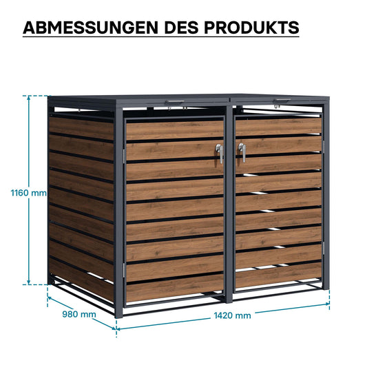 Copri bidoni della spazzatura con coperchio ribaltabile per due contenitori 60-240l, acciaio antracite ed effetto legno, copribidone da esterno