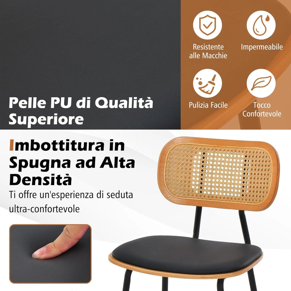 Set di 2 Sgabelli da Bar in Rattan, Sgabelli da Bar con Gambe in Metallo e Schienale in Rattan, Set di 2 Sedie da Bar con Cuscinetti Regolabili, per Cucina, Soggiorno, Bar