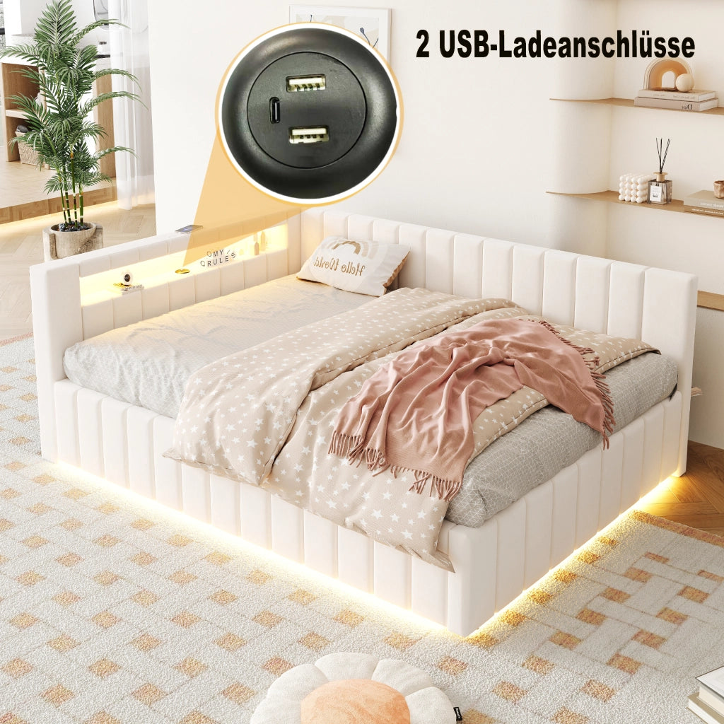 LETTO Contenitore 140x200 cm Imbottito Beige con LED, USB e Schienale