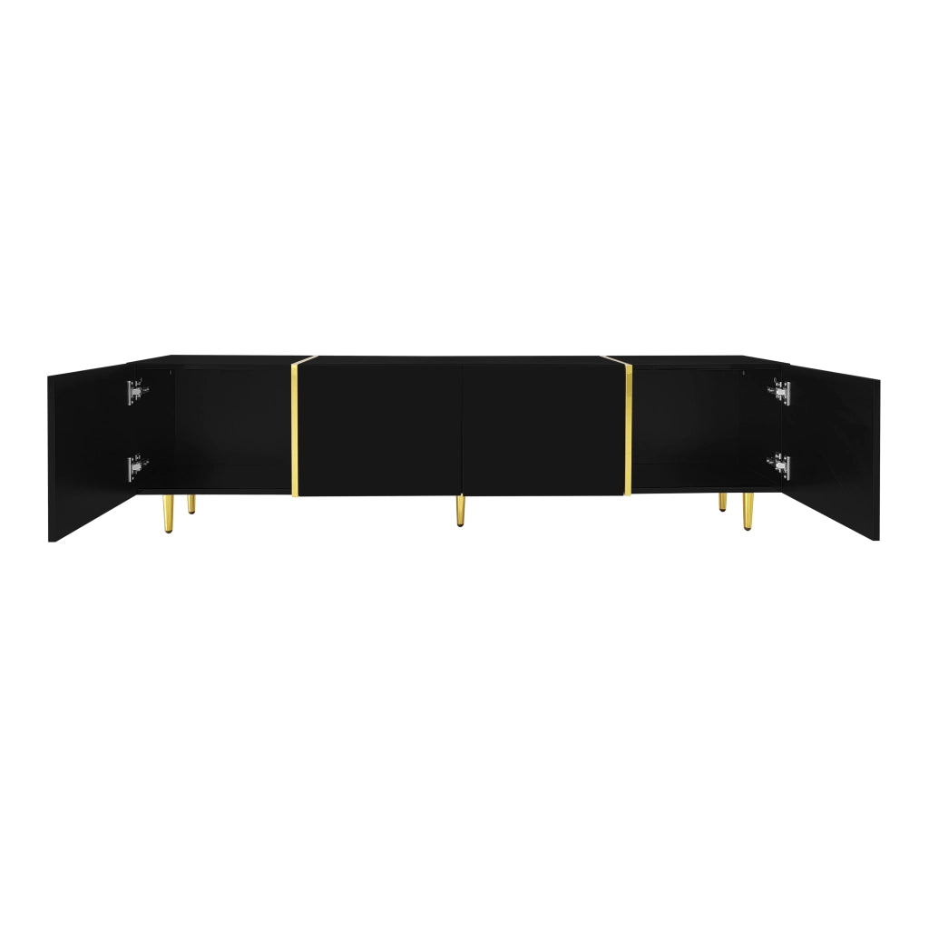 Mobile porta TV con 4 ante in MDF lucido nero con dettagli oro, moderno e facile da pulire 170 × 35 × 46 cm