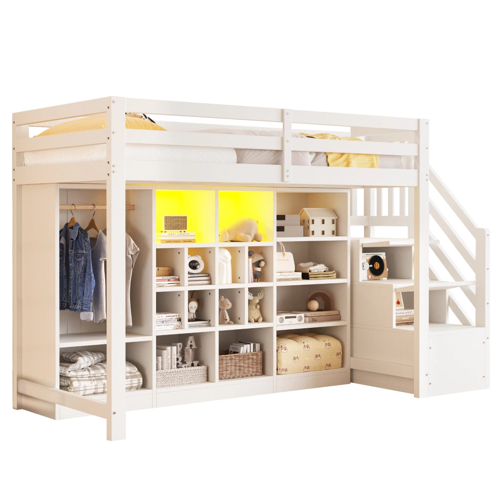 Letto a soppalco 90x200 cm in legno bianco con armadio integrato; ripiani e LED