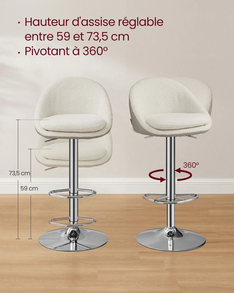 Set di 2 sgabelli da bar sedie da cucina regolabili in altezza girevoli a 360° con schienale base e poggiapiedi acciaio per bancone bar sala da pranzo bianco crema 12_0007709