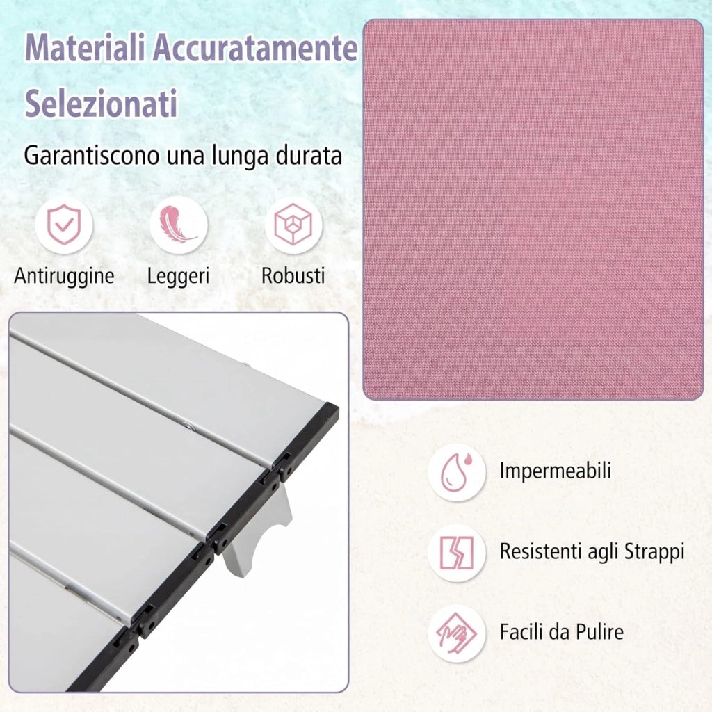 Set di 2 Sedie e Tavolino da Spiaggia Pieghevole, Schienale Regolabile a 5 Livelli, con Portatesta, Borsa Portaoggetti, Borsa Termica, per Campeggio Picnic Esterno (Rosa Chiaro, Modello 2)