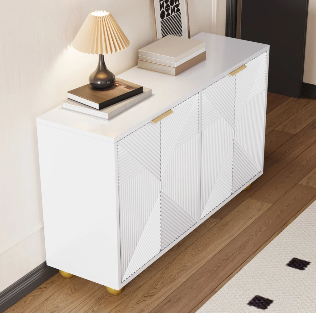 Credenza a 4 ante con ripiani interni regolabili; dettagli incisi e gambe sferiche; bianco; 120 cm in MDF