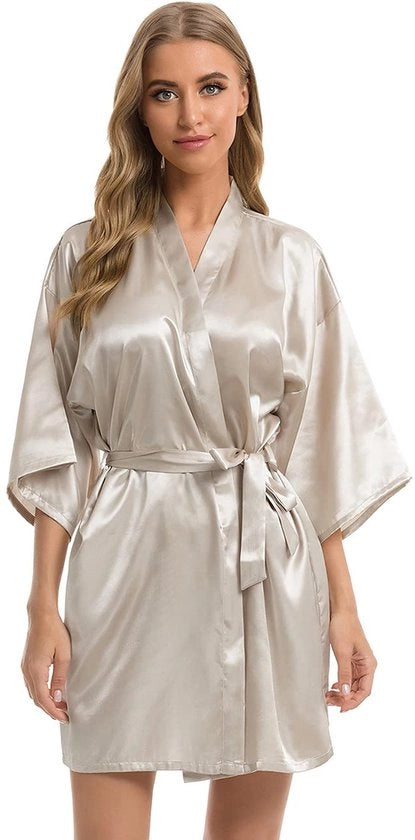 Kimono da donna con cinturino e collo V, abito da camera corto in seta con cappuccio e fiocchetto (L, Argento Champagne)