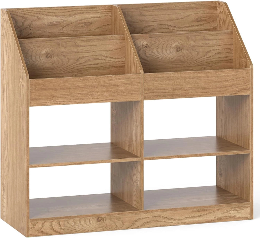 Libreria Montessoriana Porta Libri per Bambini, Scaffale Multifunzione con 4 Cubi e 4 Scomparti, Anti-ribaltamento, Salvaspazio per Cameretta e Stanza dei Giochi, 90x34x80 cm (Naturale)
