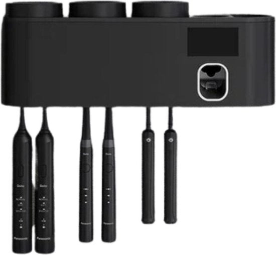 Sterilizzatore per spazzole da denti elettrico, dispensatore di pasta da denti, appoggio per spazzole da denti per bagno, ricaricabile tramite energia solare o USB, 3 ciotole, 6 posizionamenti per spazzole da denti - Nero UV