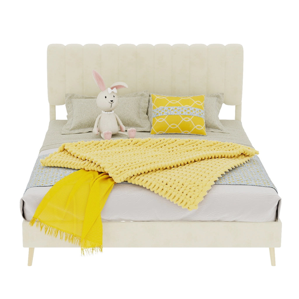DESMIU Letto 140 × 200 cm 2 posti in velluto, testiera imbottita, senza materasso, beige