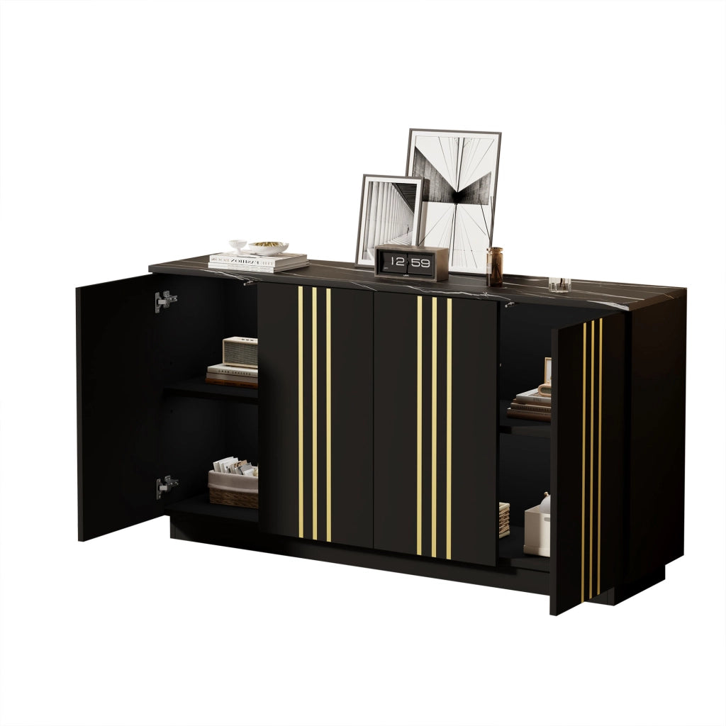 Sideboard da soggiorno con 4 ante, 35 x 140 x 70 cm, nero e oro, in pannello truciolare, con vani interni separati