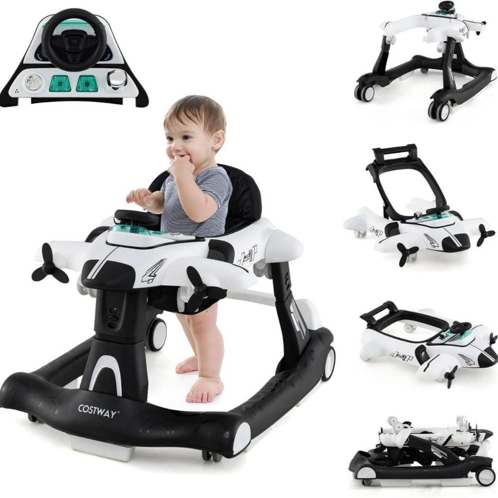 Camminatore pieghevole a tema aeroplano con altezza regolabile a 3 livelli, Camminatore per bambini 6 in 1 con ruote Bianco-Passeggini per bimbi