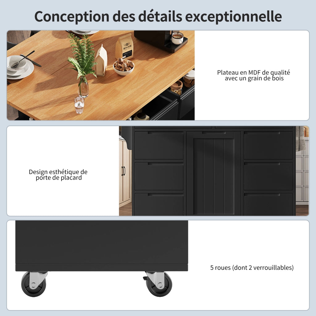 OKWISH Carrello da Cucina con 8 Cassetti, 1 Anta, Ripiano Regolabile, Piano Pieghevole e Ruote, MDF, Nero, 122 x 46 x 91.5 cm