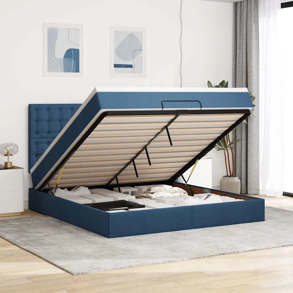 Struttura Letto Pouf con Materasso Blu 180x200cm in Tessuto 3314196