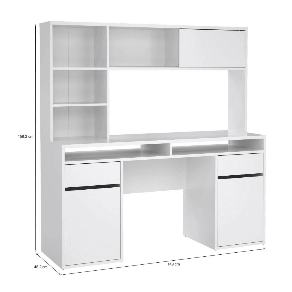 Scrivania Ambrenti, Scrittoio multiuso, Tavolo per ufficio porta PC, Piano di lavoro, 149x48 h156 cm, Bianco lucido