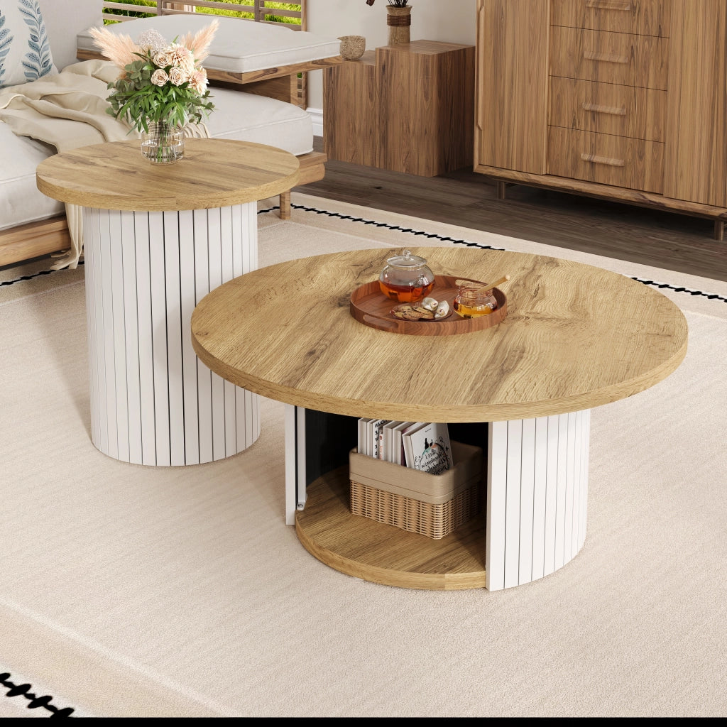 Tavolini da caffè rotondi ad incastro con ripiano; Stile Scandinavo; in MDF; Naturale; 75×75×50 cm + 45×45×35 cm