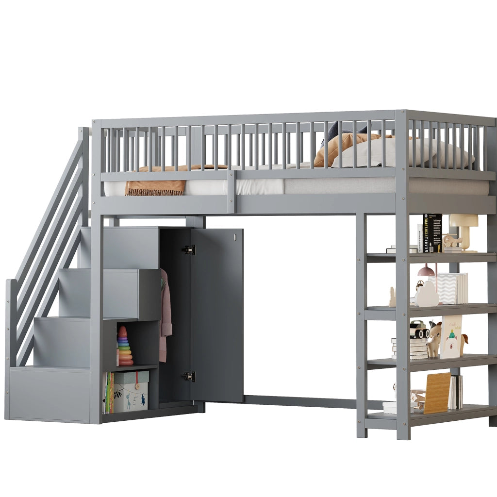Letto a soppalco grigio 90 x 200 cm con armadio, ripiani e scala