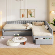 Letto a L 90x200 cm con letto estraibile e cassetti in flanella grigio