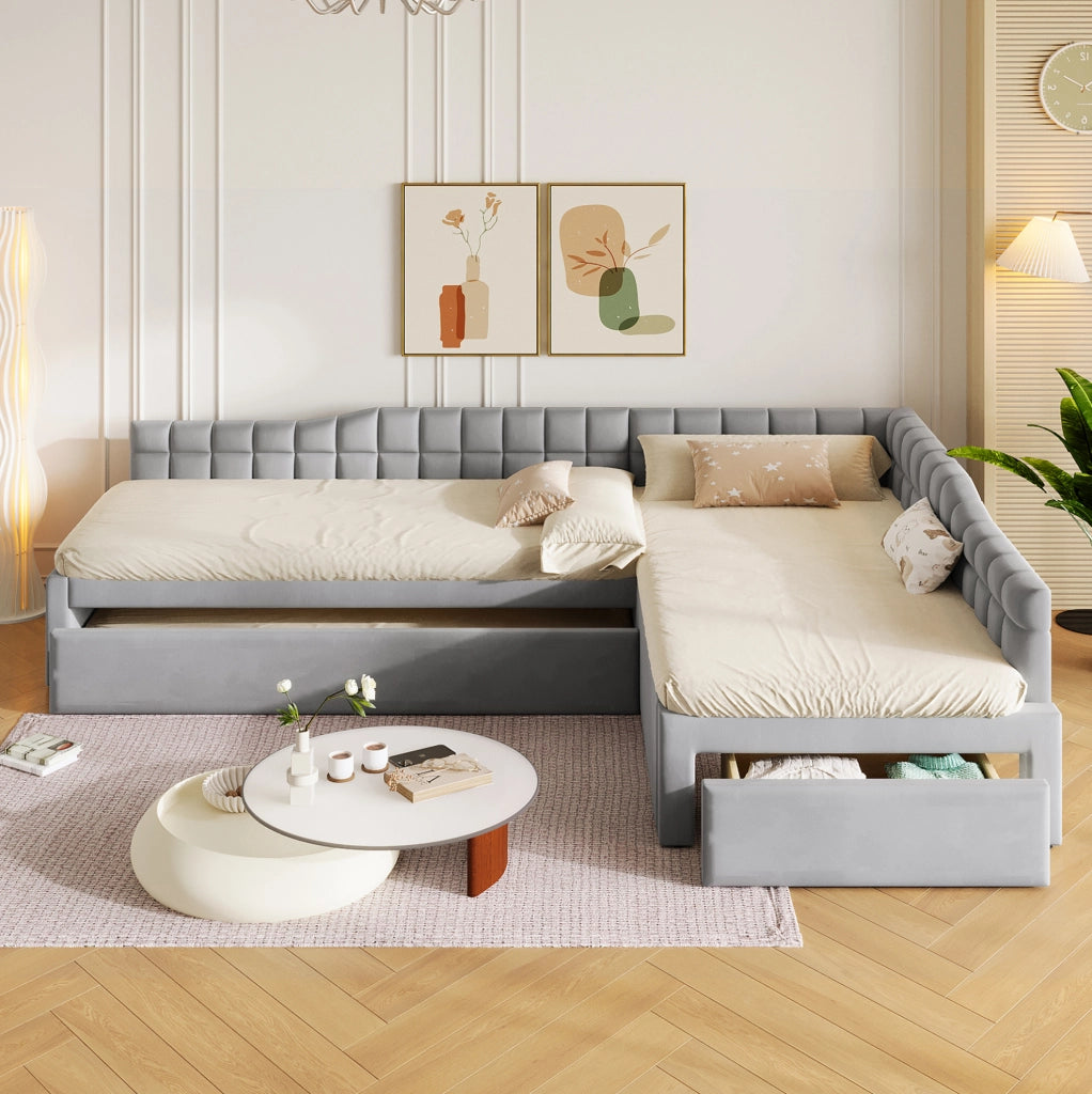 Letto a L 90x200 cm con letto estraibile e cassetti in flanella grigio