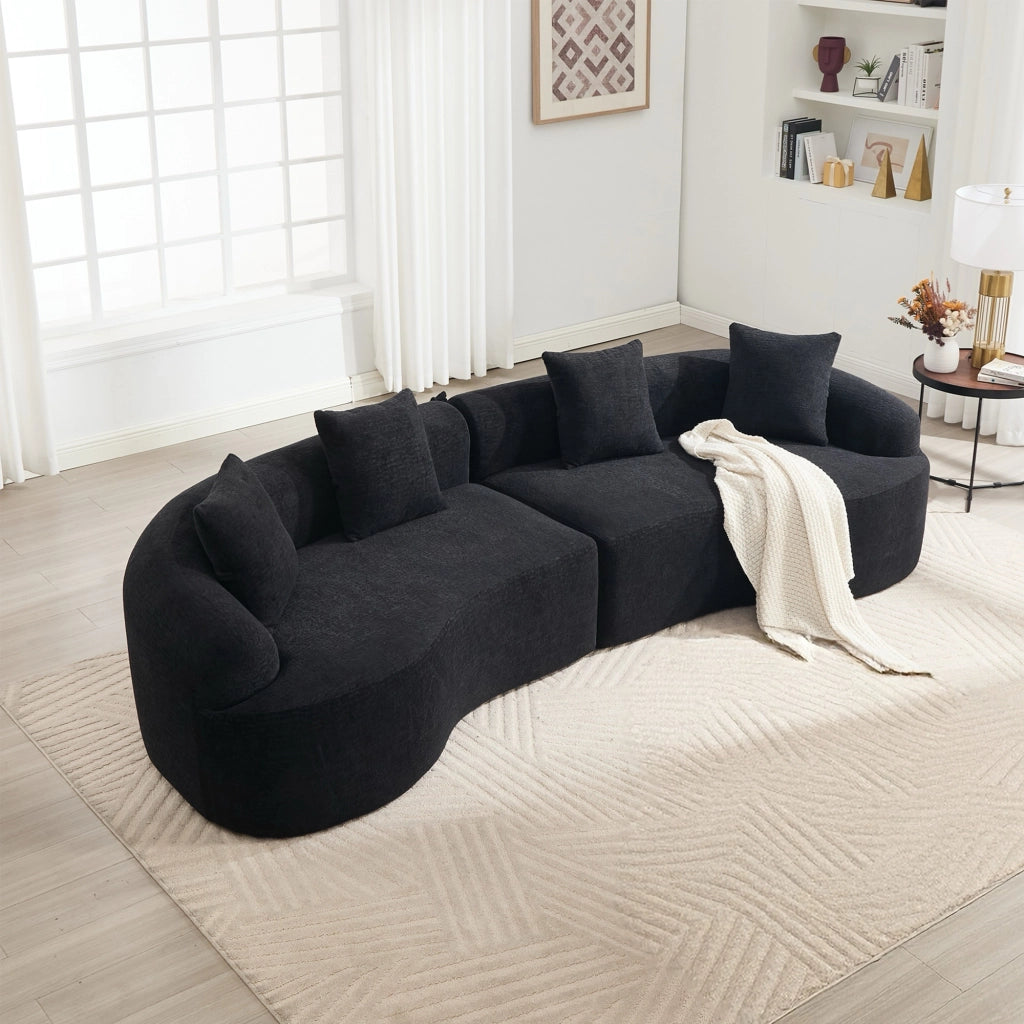 Divano ad angolo modulare 4 posti in chenille con design curvo e salvaspazio per soggiorno e salotto, nero
