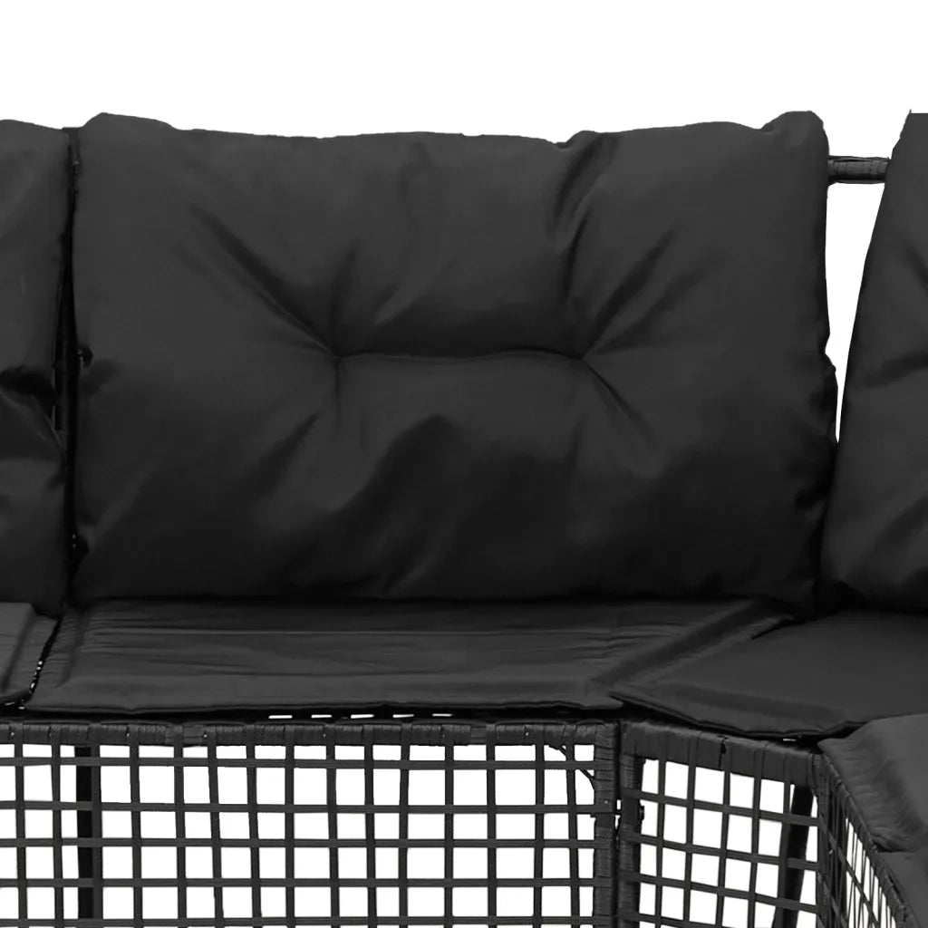 Divano da Giardino a L con Cuscini e Pouf Nero in Polyrattan 365893