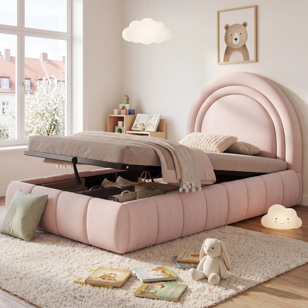 Letto imbottito letto singolo branda 90 x 200cm letto idraulico funzionale letto con telaio a doghe testiera e ampio spazio di deposito testiera imbottita velluto rosa