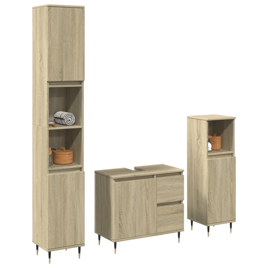 Set Mobili da Bagno | Armadio da bagno 3 pz Rovere Sonoma in Legno Multistrato