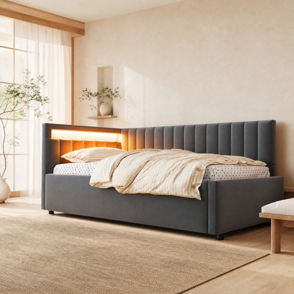 Letto imbottito 90x200 cm con LED e vano contenitore grigio