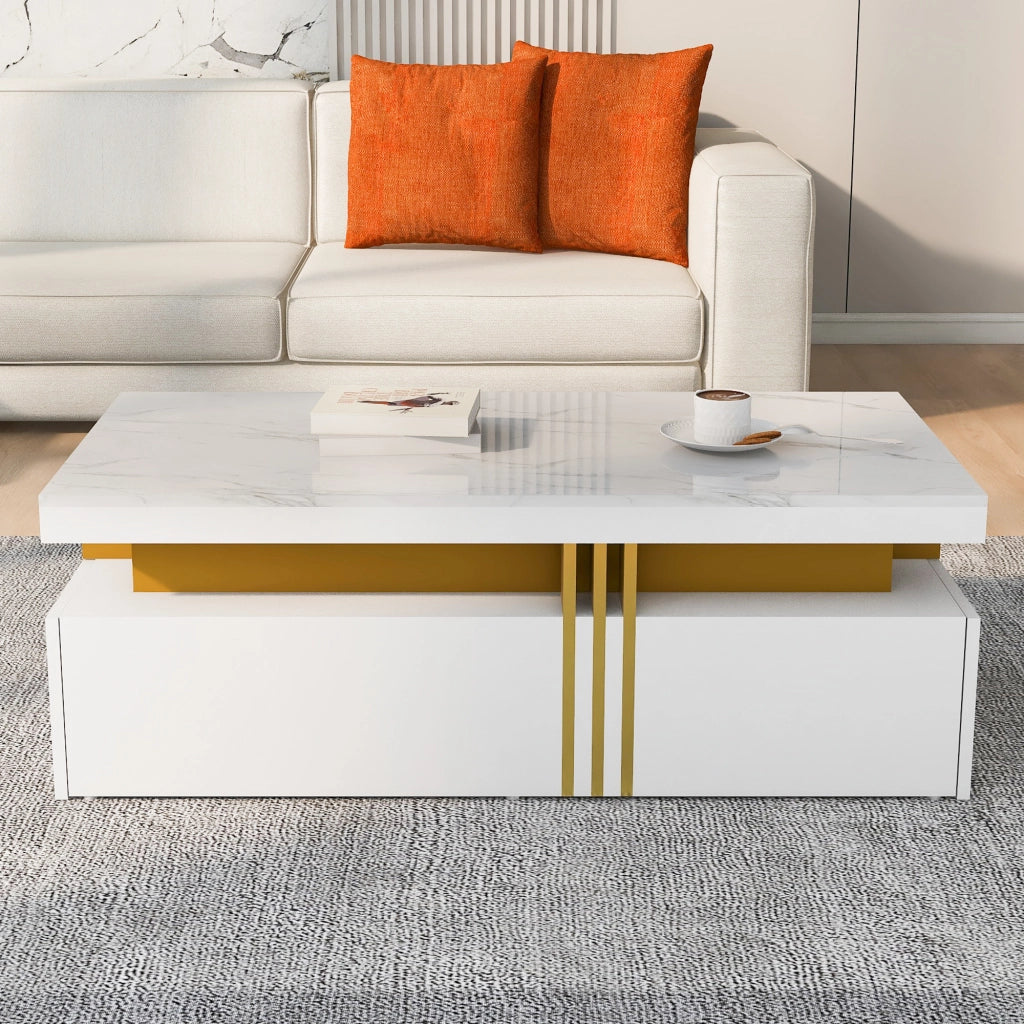 Tavolino da caffè rettangolare con 2 cassetti; piano lucido effetto marmo e bordo laterale in metallo; bianco 100 × 50 × 40 cm