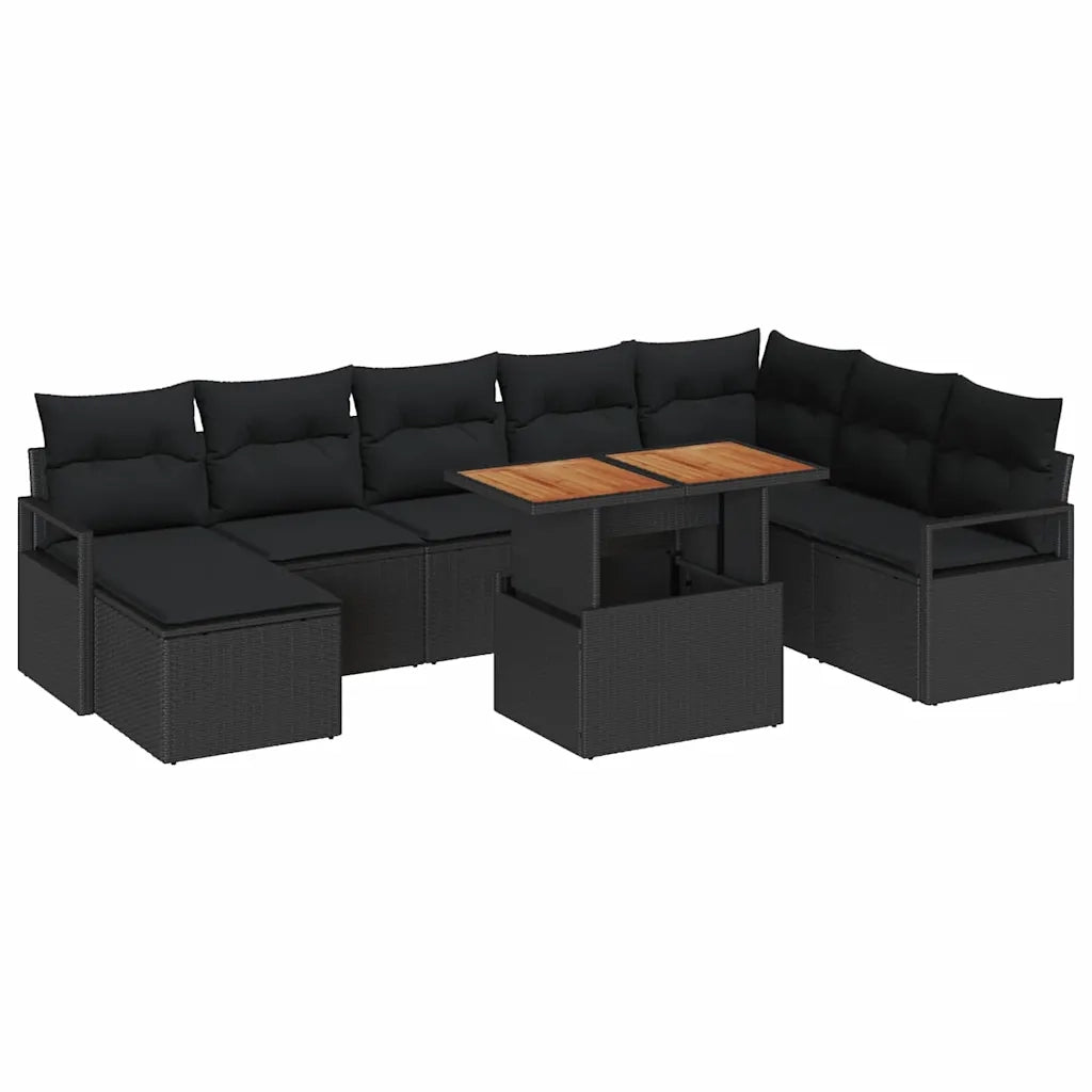 Set Divano da Giardino con cuscino 9 pcs Nero e Marrone
