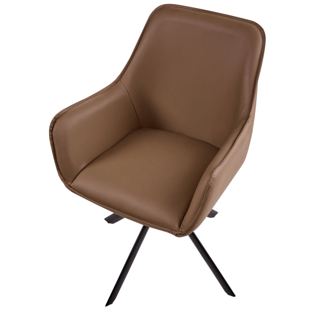 Sedia da pranzo girevole in ecopelle marrone con braccioli, stile moderno scandinavo