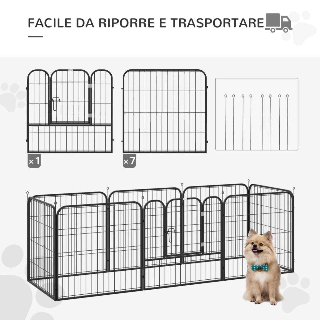 Recinto per Cani Modulare 8 Pannelli 79x79 cm in Acciaio e Metallo Nero