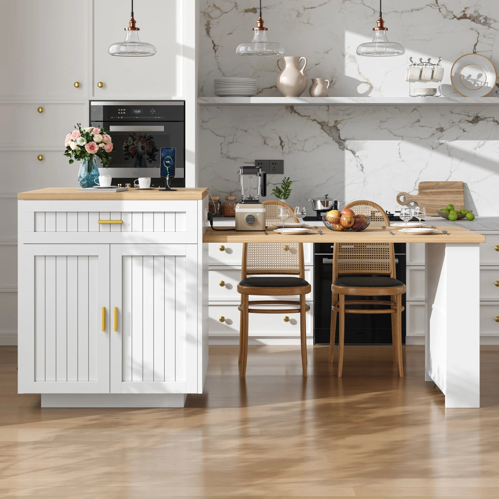 Carrello da cucina estensibile con presa integrata; 1 cassetto; ante e ripiani regolabili; per cucina; 121;5 × 70 × 92 cm