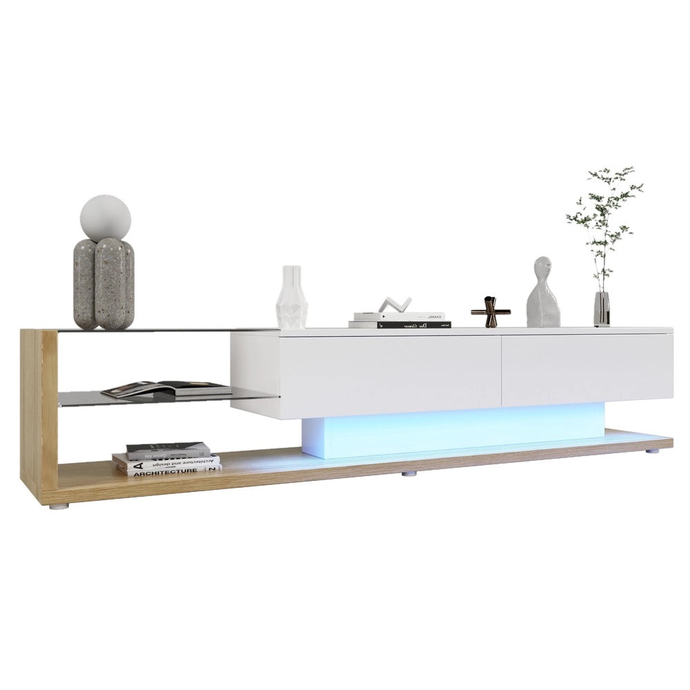 Mobile TV con LED ¨C Xylo ¨C Bianco Lucido e Legno con Ante in Vetro