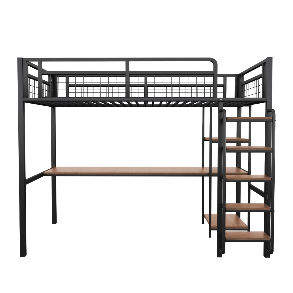 Letto a soppalco in metallo 90x200 cm con scala di sicurezza, tavolo e ripiani, nero