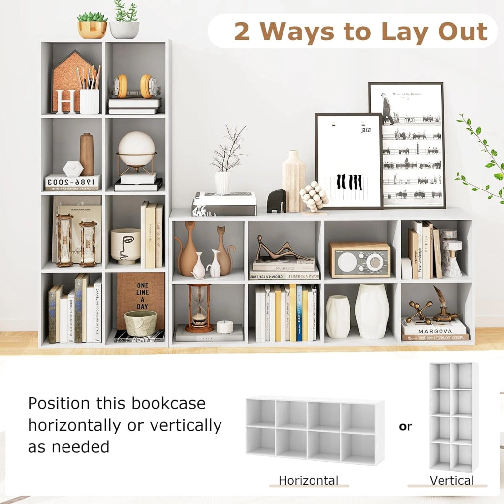 Libreria a 8 scomparti, scaffale autoportante con 2 fusibili ribaltabili, utilizzabile verticale/orizzontalmente, per soggiorno, studio, camera da letto, 121,5 x 29 x 61 cm (bianco)